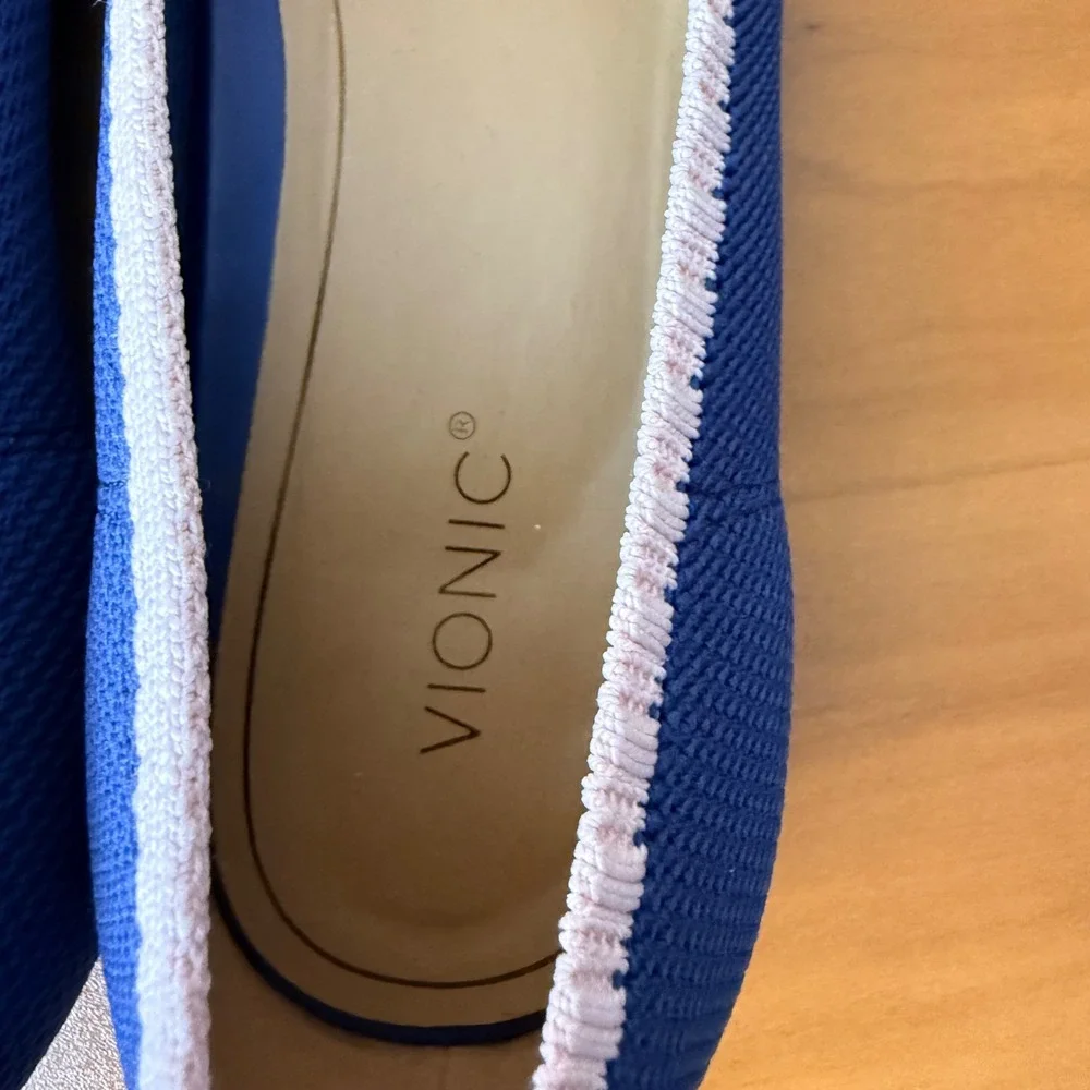 Vionic Dahlia Blue Knit Pointed Toe Flats Pink Trim Womens 11 Orthotic Comfort